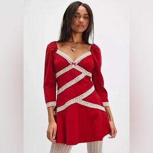 NWOT Free People Tennley Corduroy Mini Dress in Red with Lace